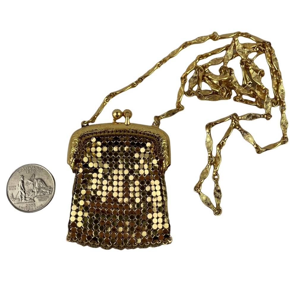 Vintage 1950s Mini Purse Unique Gold Mesh Clasp With Chain Filagree Tiny Bag MCM